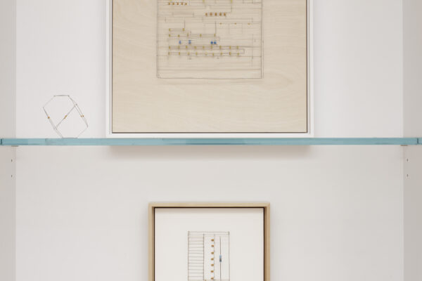 Hương Ngô, <em>Lost Time (1620 pF), 2024</em>, AVX Corporation ceramic capacitors, solid core wire, <em>Lost Time (5290.81 nF, 30k ohms) 2024.</em>, Kyocera / AVX Corporation ceramic, film, monolithic, and tantalum resin-dipped capacitors and metal film resistors, solid core wire,mounted on panel, framed. ,<em>Lost Time (780 nF, 30k ohms), 2024</em>, AVX Corporation ceramic and tantalum resin-dipped  capacitors and metal film resistors, solid core wire, mounted on panel, framed. ,<em>Lost Time (2700 nF), 2024</em>, Kyocera / AVX Corporation ceramic capacitors.
Photo: Brian Forrest