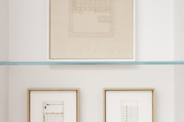 Hương Ngô, <em>Lost Time (723.78, 20 ohms), 2024</em>, Kyocera / AVX Corporation ceramic, film, and monolithic capacitors, silicon diode, and metal film resistors, solid core wire, mounted on panel, framed. <em>Lost Time (1441.35 nF, 10 ohms)1440, 2024</em>, Kyocera / AVX Corporation ceramic, film, and tantalum resin-dipped capacitors, silicon diode, and metal film resistor, solid core wire, mounted on panel, framed. <em>Lost Time (140 nF), 2024</em>, AVX Corporation ceramic capacitors, solid core wire, mounted on panel, framed. 
Photo: Brian Forrest